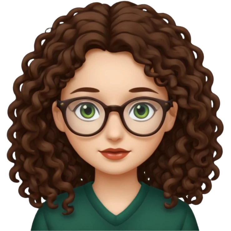 rapariga, olhos verdes escuros, cabelos compridos aos caracóis, com óculos emoji