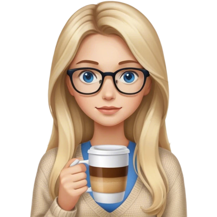 Blonde balayage long hair white women beige sweater blue eyes and small glasses holding coffee emoji