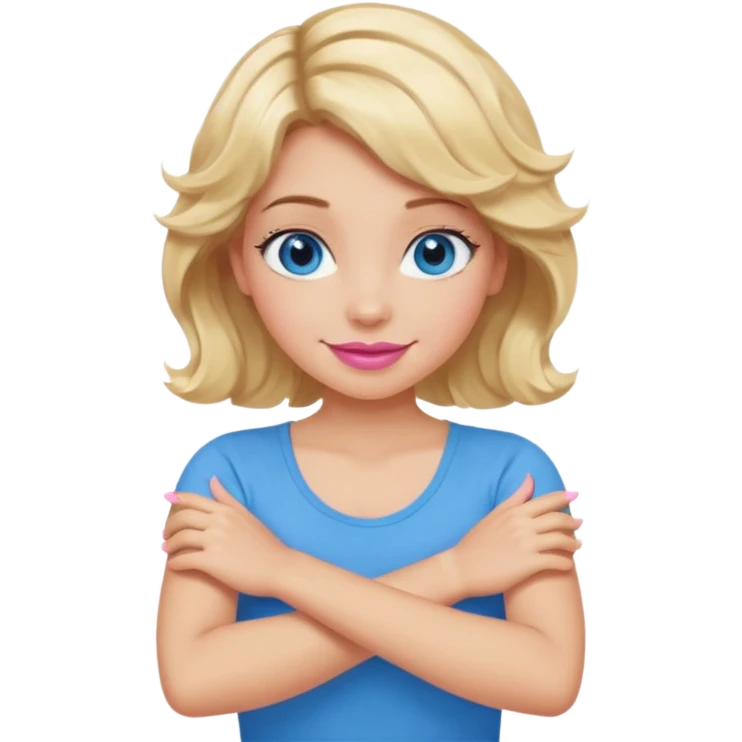 Girl Blonde short wavy hair,  blue eyes, cute blue top, long lashes, pink lips, smiling, making cross arms with arms  emoji