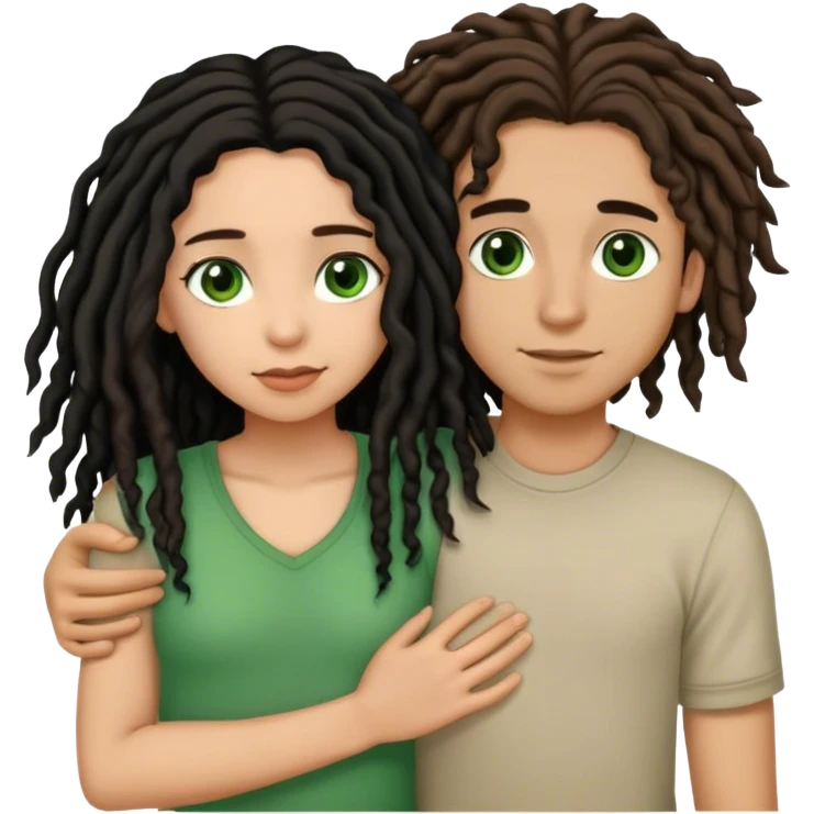 couple holding eachother. boy is light skinned, short brown dreads, and green eyes.girl is light skinned, long curly black hair, and brown eyes. emoji