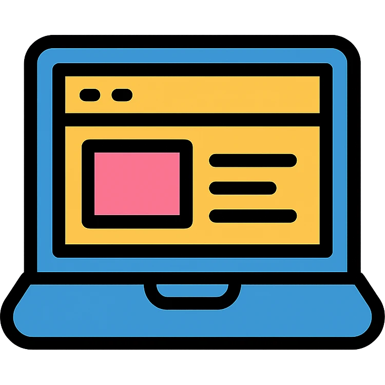 a stylized laptop with a website interface visible on the screen, flat design, icon style emoji