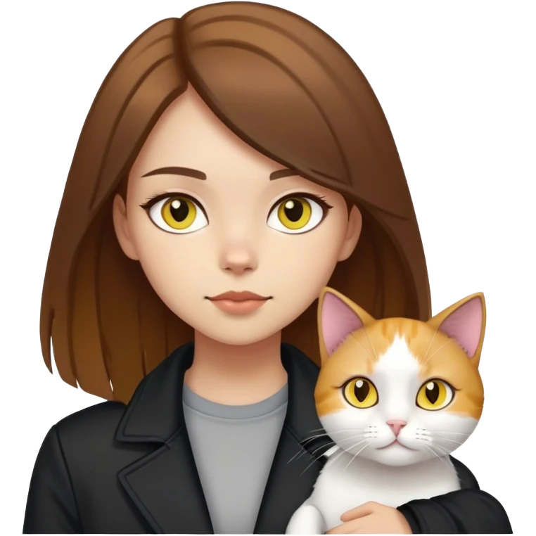 Light-skinned girl with brown straight hair wearing a black jacket, with a white cat with yellow eyes and a calico cat emoji