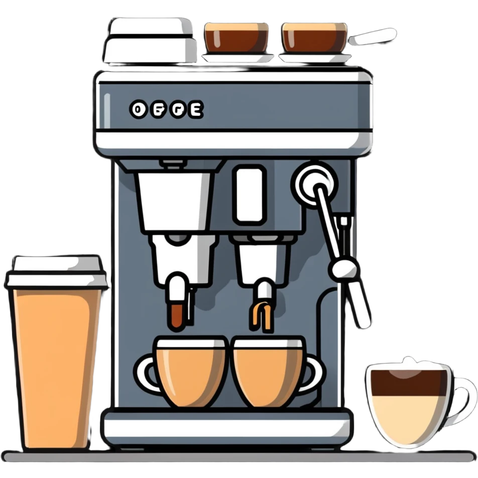 coffee shop items: espresso machine, milk frother, and coffee menu board emoji