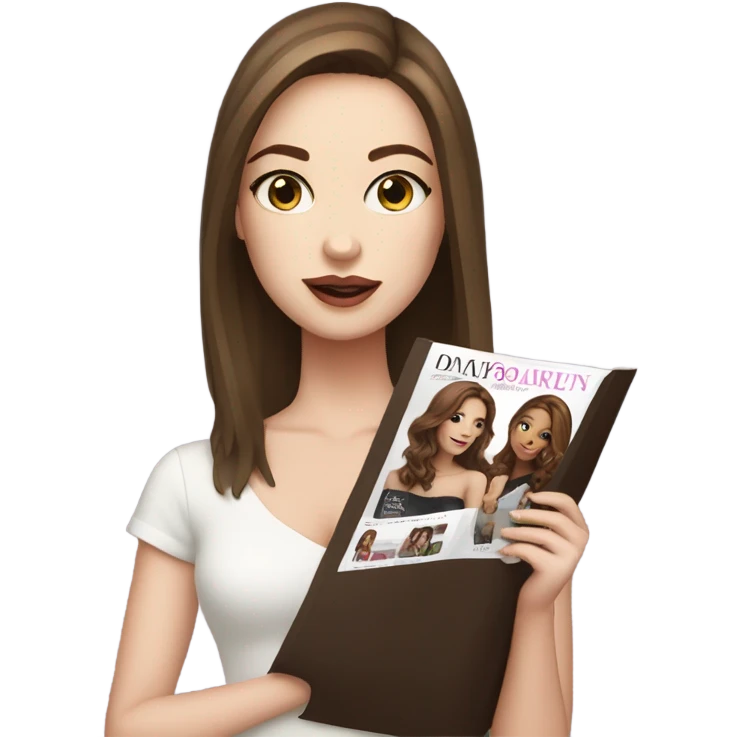 pretty girl with white skin and brown hair standing up holding a fashion magazine with a woman on the cover of the magazine emoji