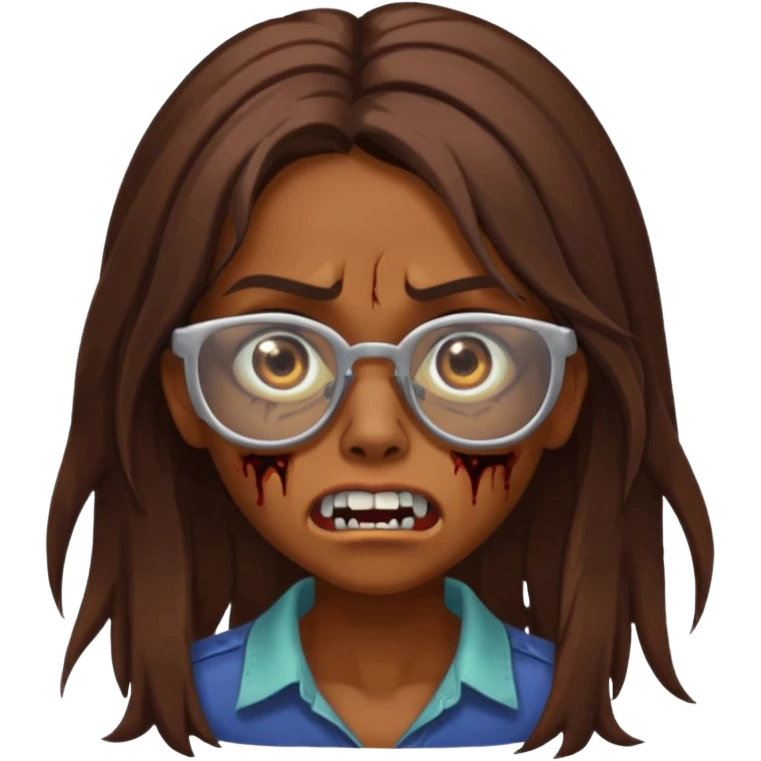 Girl zombie with brown long hair with teeth and serious face IOS style with glasses emoji