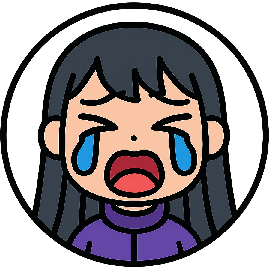chibi cyberpunk girl with long straight black hair, large glowing neon-blue anime eyes, light peach skin, round face, small nose, soft cheeks, thin black line art, crying expression with tightly shut eyes, mouth wide open as if sobbing, big teardrops running down both cheeks, pure white background, inside a thin black circle emoji