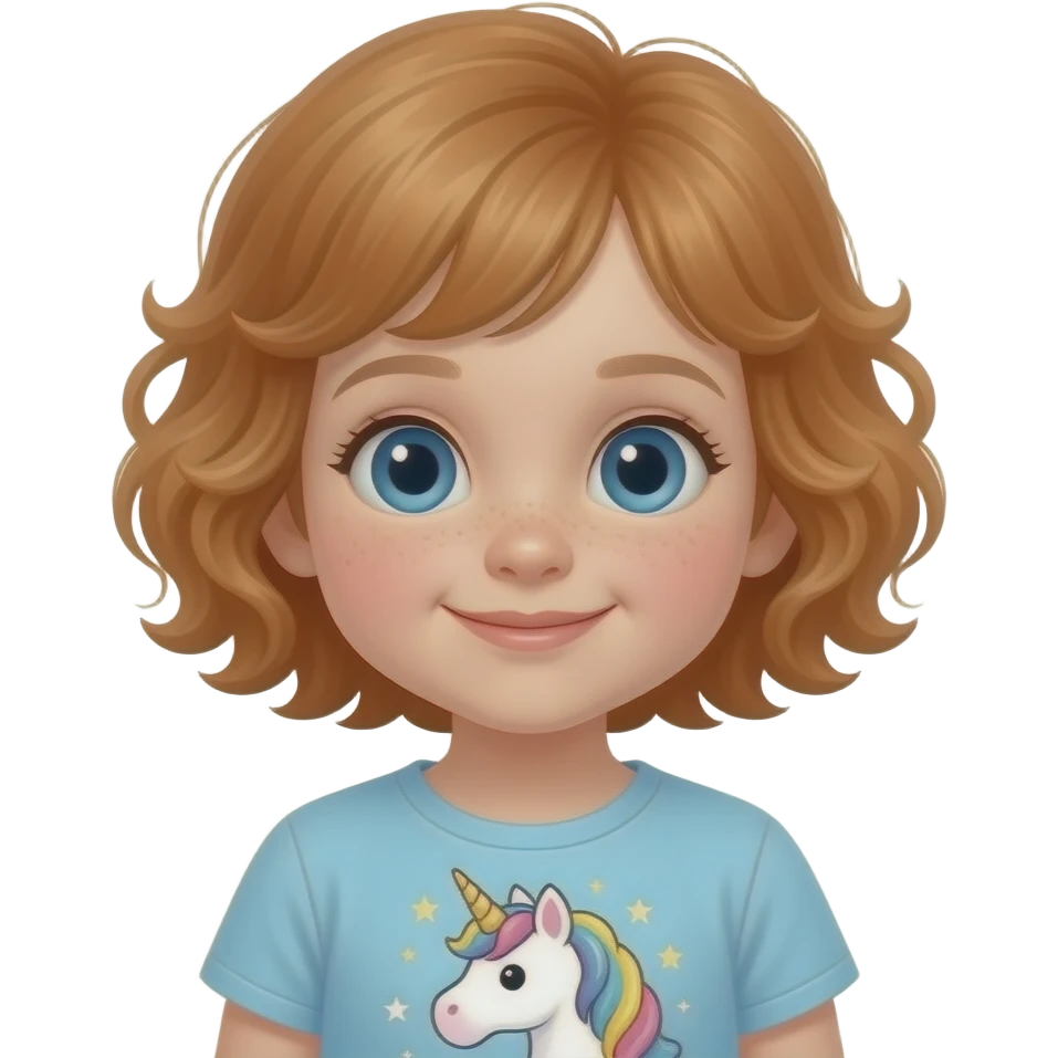 cute little girl with light red hair really short curly hair 2 years old blue eyes unicorn shirt emoji