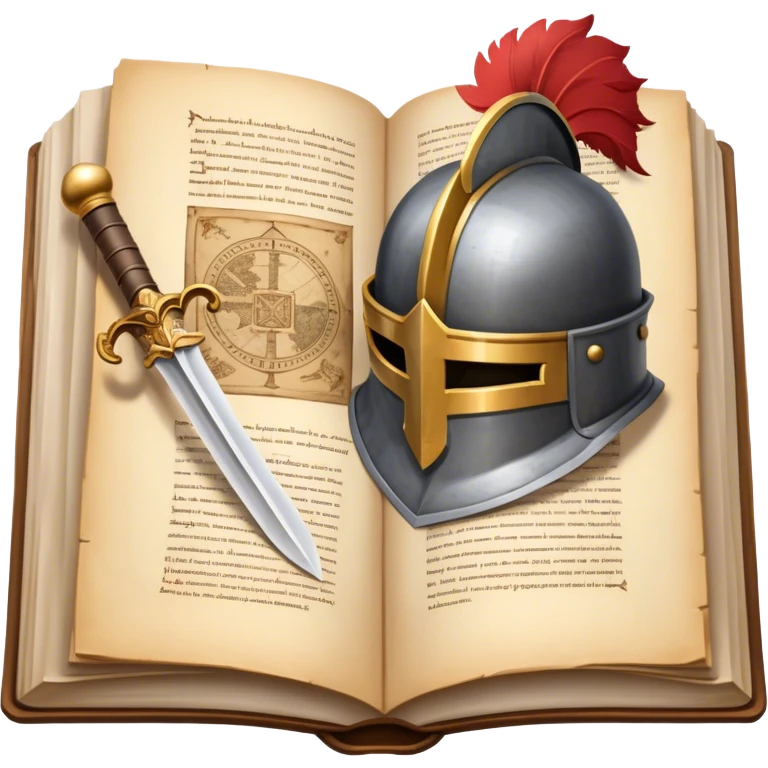 Icon for Historical Fiction Reading: an open book with pages showing ancient scrolls, a quill, a large knight's helmet, bowl and a parchment map. The icon should evoke the adventure and grandeur of historical settings and storytelling. Transparent background. emoji