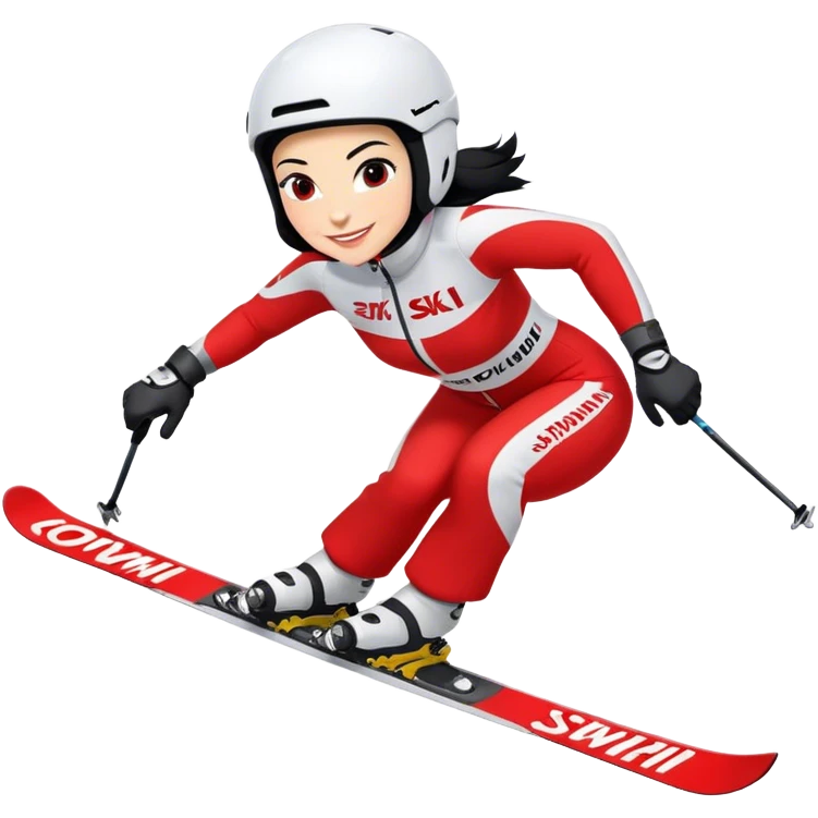 Skifahrerin Abfahrtshocke Anzug rot weiss beschriftet mit Stephanie Ski beschriftet mit Head schwarze Haare lächeln  emoji
