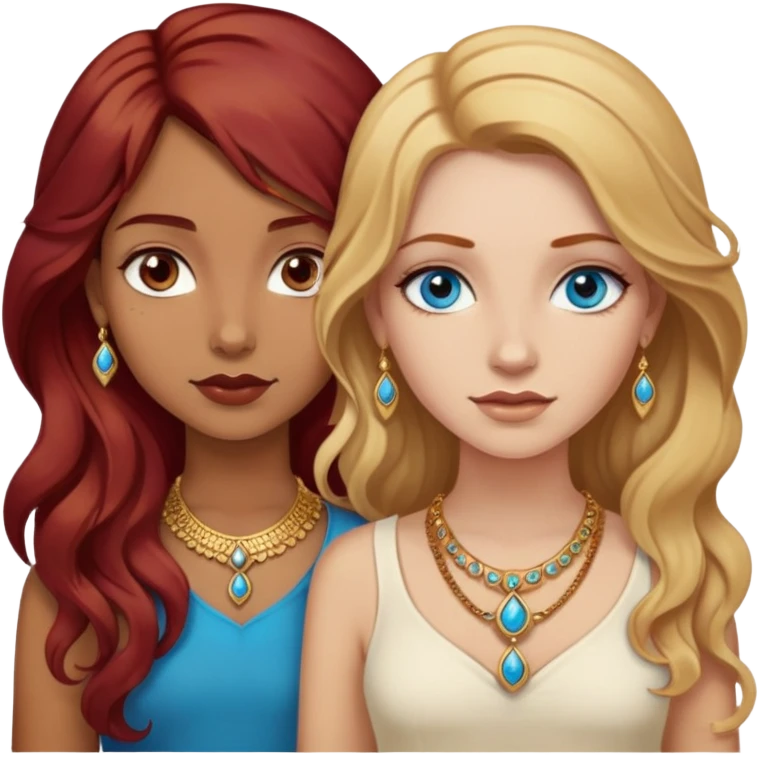 two girls, one who’s indian with wavy dark red hair who’s wearing gold jewelry and a white girl with dirty blonde hair and blue eyes  emoji