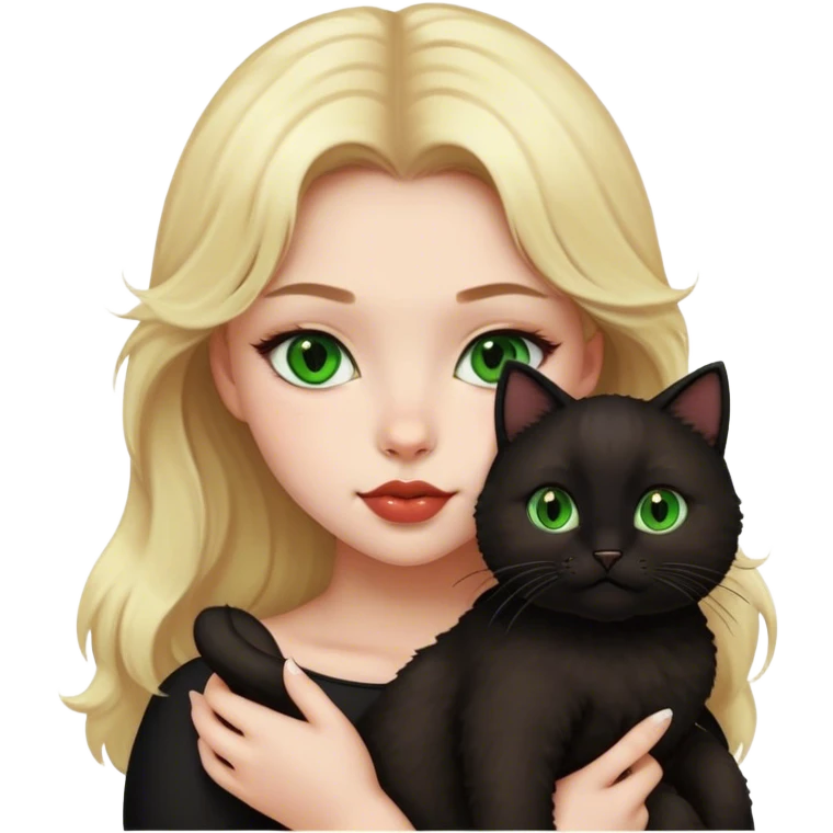 Create an iphone emoji of a blonde girl, with brown eyes and plump lips holding a black fluffy cat with green eyes emoji