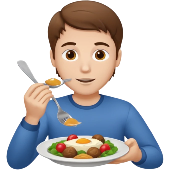 white man, brown hair, eating with a dish emoji
