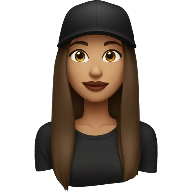 A beautiful woman wearing a black cap and black sweatshirt, big lips, brown straight long hair.  emoji