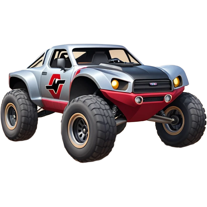 Satan’s and Vader (post race) Cabernet Dirty and dented Local Motors Rally Fighter off road race car hot rod trophy truck-style flying on a dusty road (silver wheels) emoji