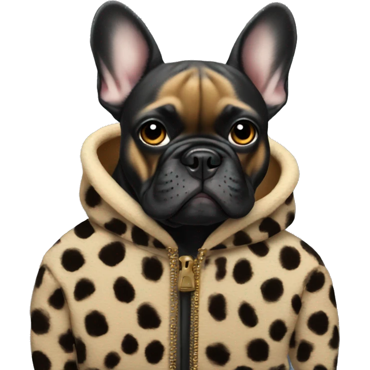 Black French bulldog wearing a cheetah coat emoji