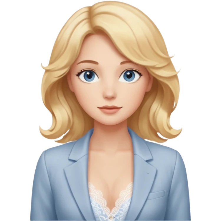 A gentle woman with fair skin, wavy honey-blonde hair, and calm gray-blue eyes. She wears blush lace lingerie and a white blazer, radiating soft confidence and warmth. emoji