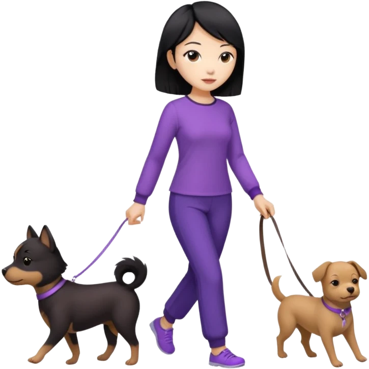 black hair Chinese woman wearing purple top and black pants walking a small brown dog emoji