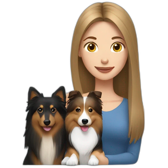 yong woman with light-broun straight hair holds a sable sheltie and bi-black sheltie emoji
