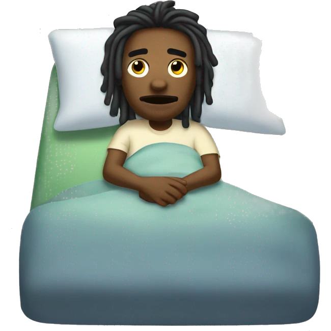 “Black man with dreadlocks, sick in bed, flushed face, thermometer, Aimoji style.” emoji