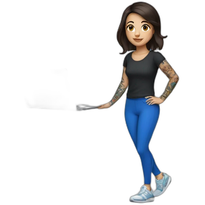 Short brunette, leggings, blue walking shoes, tattoo sleeve, laptop emoji