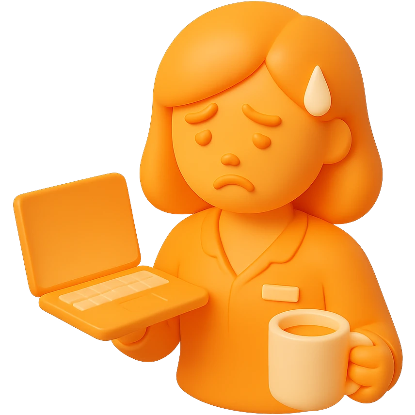 3D orange style female employee sweating and frowning, holding a laptop and a coffee cup emoji