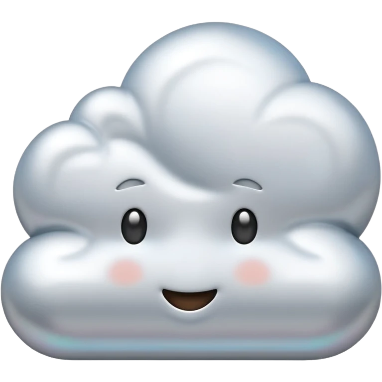 A cute cloud emoji made of silver chrome, smooth rounded shape, glossy metallic surface, soft reflections, minimal and friendly design, iOS emoji style, centered, clean white background, soft lighting emoji