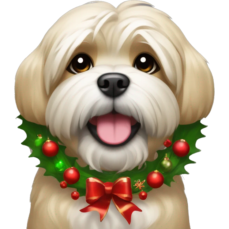 Happy Tan Lhasa Apso with Christmas wreath around it’s neck emoji