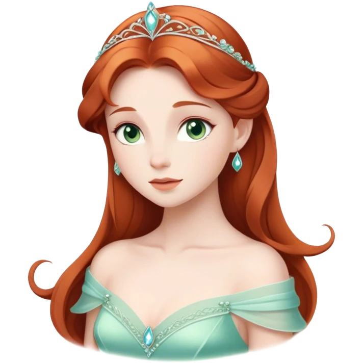 Cinematic Timeless Sleeping Beauty Portrait Emoji, rendered in a clean, vector style. Depict Aurora with delicate porcelain skin, elegantly arranged auburn hair, and a serene, graceful expression, dressed in her iconic gown. The design features bold, simplified shapes, a soft, enchanting glow, and a subtle glowing outline, capturing her timeless, fairy-tale beauty. emoji