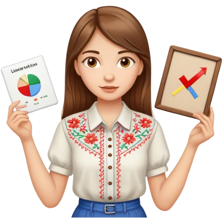 A Ukrainian girl with brown hair in an embroidered shirt holds a diagram emoji