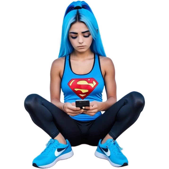 Shameful disappointed crying-very very very very big chest-texting on a samsung cell phone-very long straight flowing black to sky blue hair ombre-blue eyes-black eyeliner-long eyelashes-plastic sparkling sky blue very low cut tank top with sparkling superman logo-black leggings-nike sneakers emoji