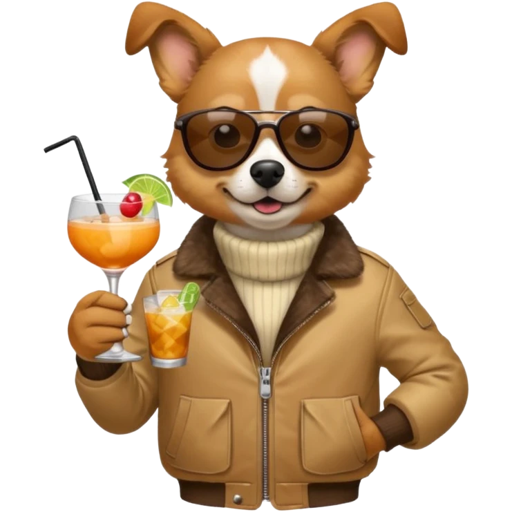 Dog with jacket, holding a cocktail, wearing sunglasses emoji