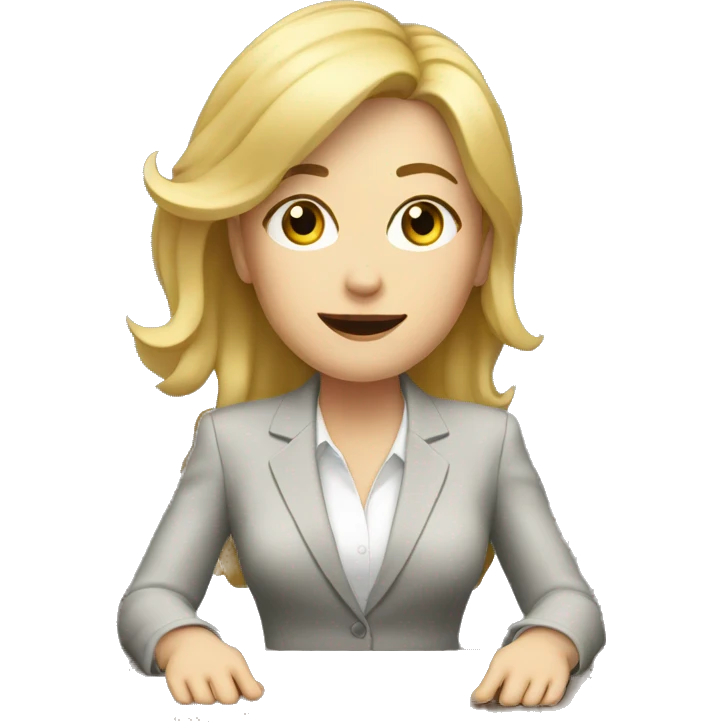 Blonde white woman wearing a suit sitting on the table telling the news towards the camera emoji