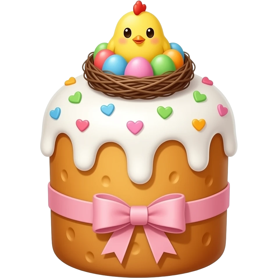 Панеттоне  золотистого цвета, высокий, с белой глазурью с разноцветной  посыпкой в форме сердечек,  с ленточкой вокруг светло розового цвета и украшением сверху в виде гнездышка с очень мелкими  яичками пастельных, желтым пушистым птенчиком с красным гребешком emoji