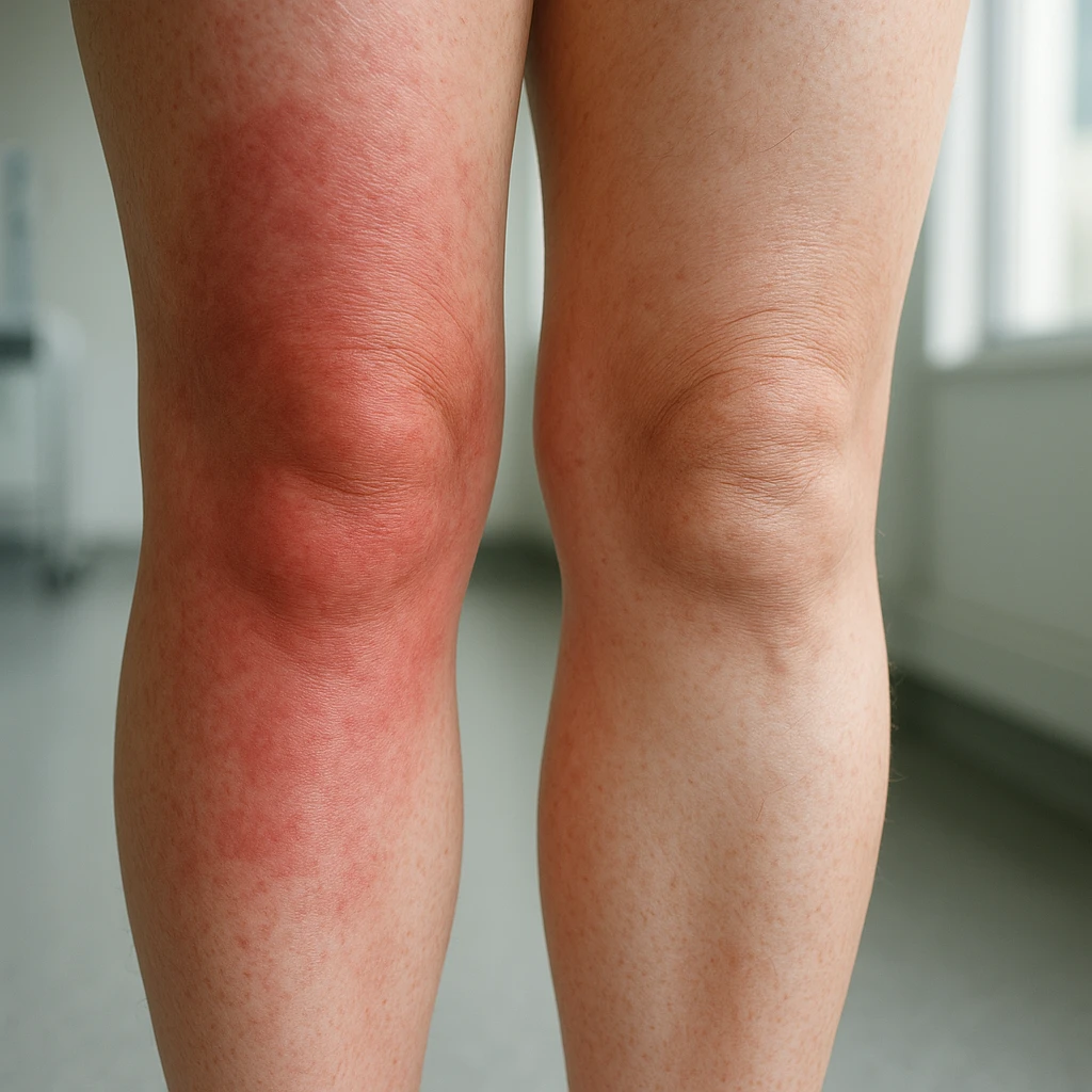 Hyperrealistic human legs in the phase of disinflamation, skin with redness and swelling decreasing, areas gradually transitioning from red to normal, clinical atmosphere, natural light, 4K details. Variant 9, focus on skin detail. emoji