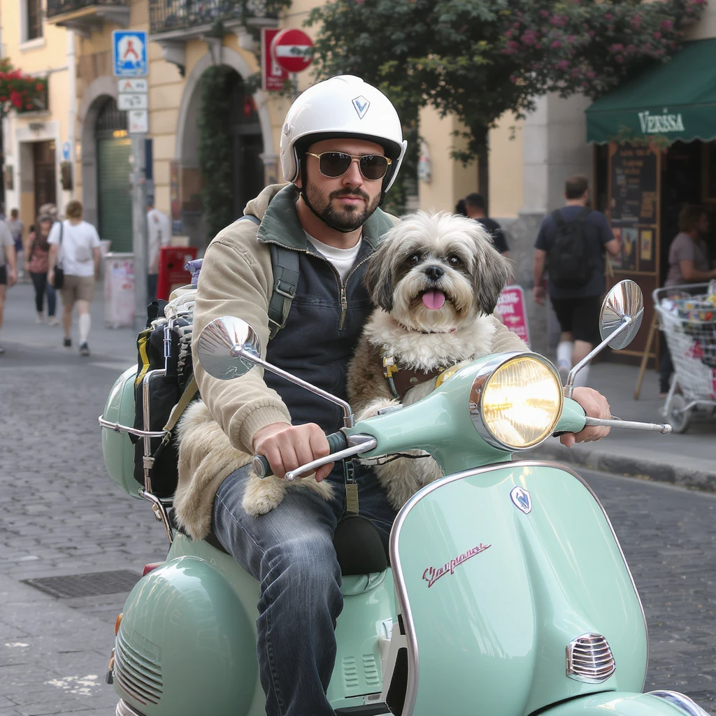 man and his pet dog riding a vespa emoji