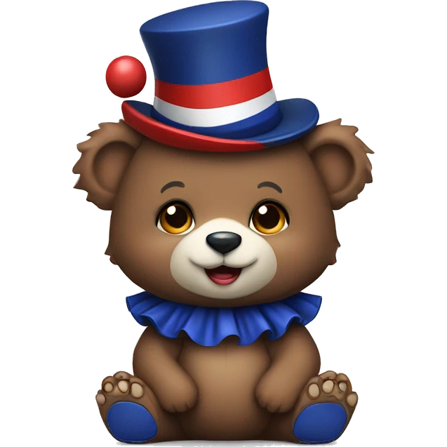 Brown baby bear. Clothes are Red White and Navy. Wearing jester collar and a clown hat.  emoji