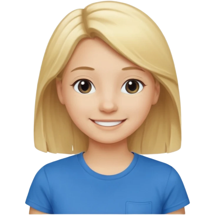 Young girl with blonde hair and a blue T-shirt, looking happy emoji