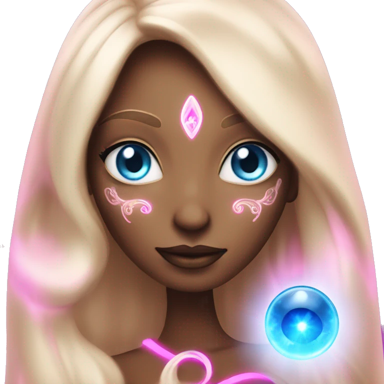 magical diva with pink andromedan skin long hair and blue eyes glowing third eye emoji