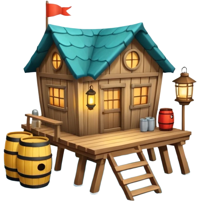 
fisherman house on a wooden pier, small dock, fishing nets hanging, barrels, lantern, ocean vibe, 3D cartoon, cute mobile game icon, clean background, no text
 emoji
