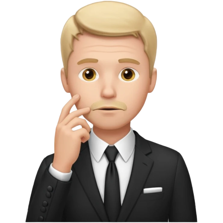 white man in formal suit thinking hard, hand to mouth emoji