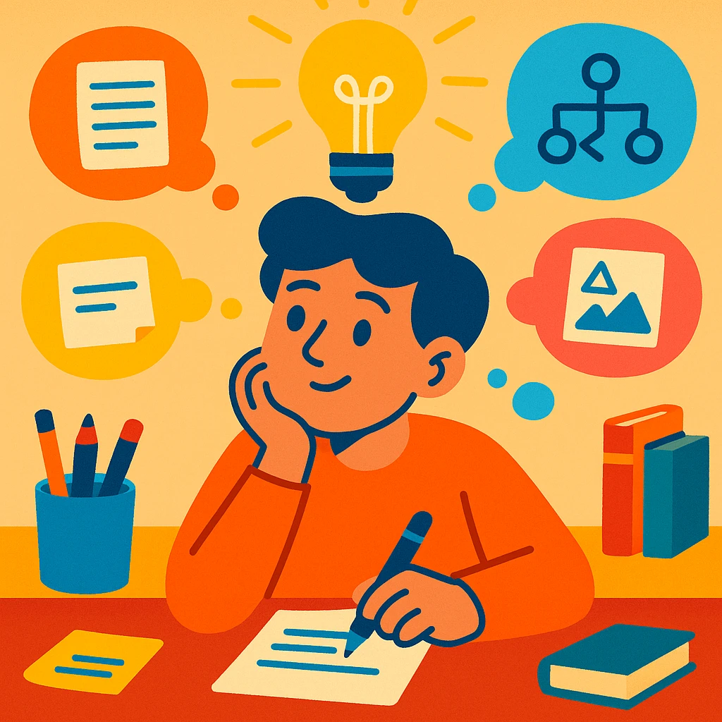 person brainstorming in a warm, inviting workspace, surrounded by idea bubbles with notes and sketches, bright light bulb above, creative tools like pens and books in the background, bright style, 4:5 aspect ratio emoji