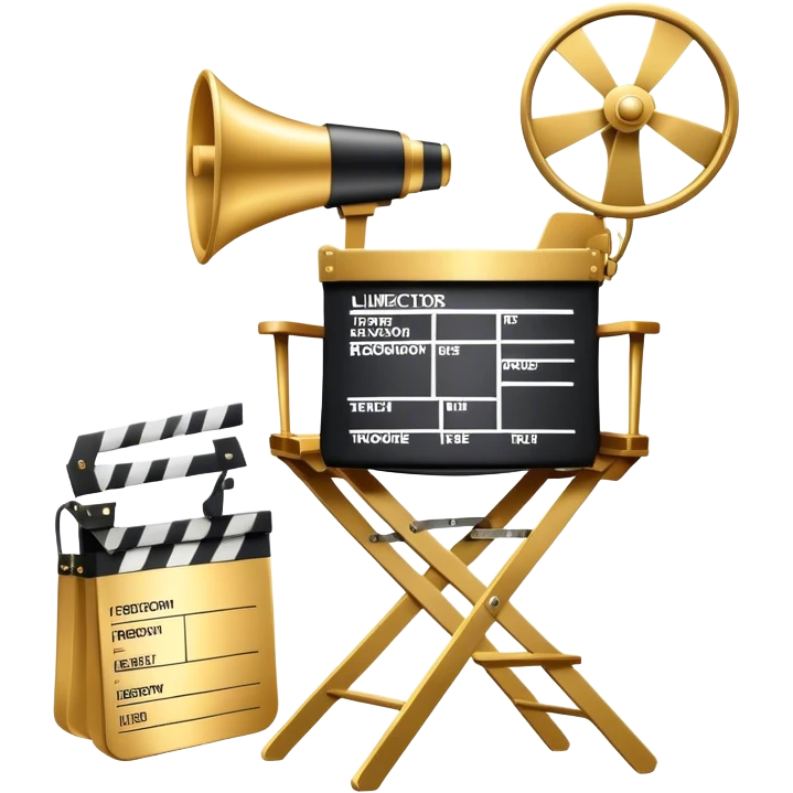 Icon for Directing: a director's chair, a film slate, a megaphone, and a stage set with lights. The icon should represent the creative and leadership aspects of directing, with focus on film and theater production. Transparent background. emoji