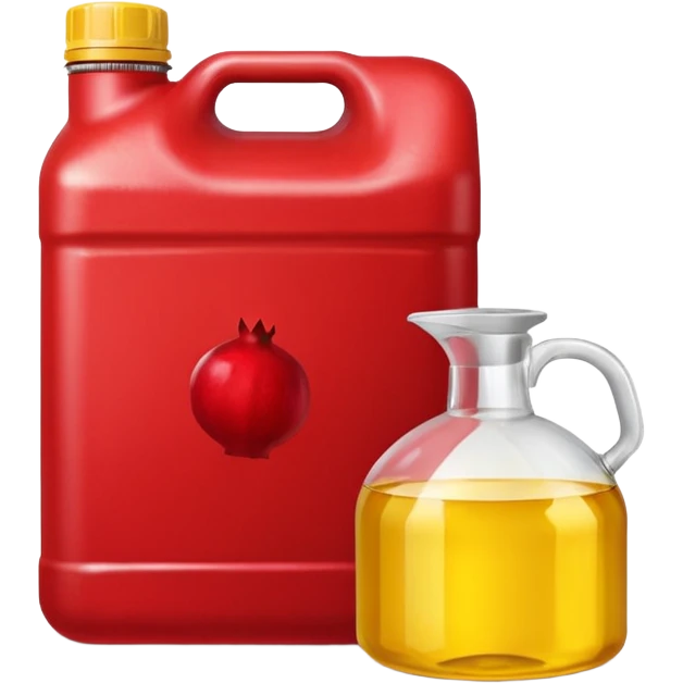 a pomegranate alongside a plastic 20 liter rectangular container filled with used cooking oil emoji