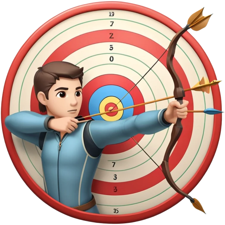 An archer drawing a bow and aiming an arrow at a target, with perfect focus and precision. The target is visible in the background, featuring concentric rings. The scene captures the concentration and skill involved in archery, emphasizing the elegance and accuracy of the sport. emoji