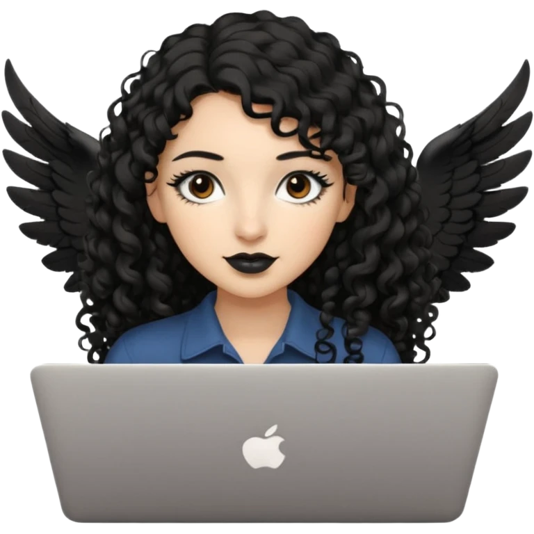 a girl typing mac book air with long black curly hair and brown eyes with winged black eyeliner emoji