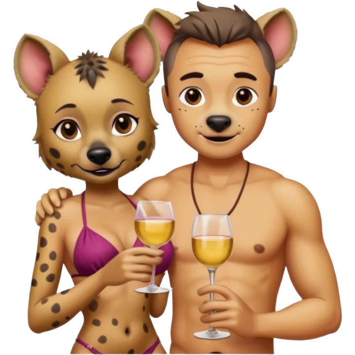 female hyena in bikini  with glass of wine on top of man emoji