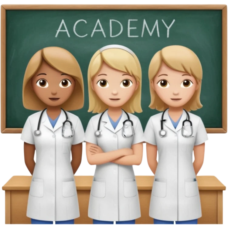 nurses in a classroom, "Academy" written in white on board emoji