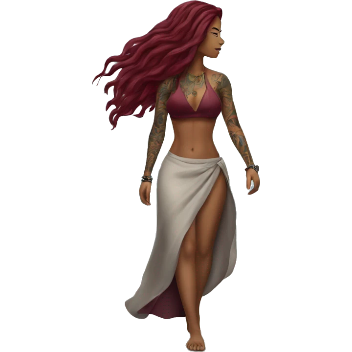 Beautiful tattooed  burgundy long haired woman walking on the beach emoji