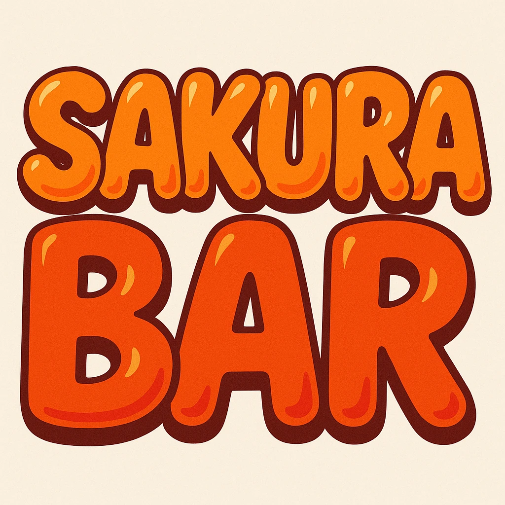 bubble letters in orange and red that say 'Sakura Bar', vibrant, cartoonish, and eye-catching emoji