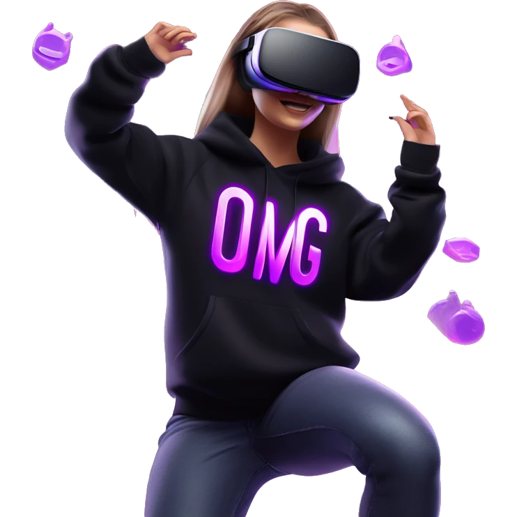Russian girl wearing black hoody with violet letters "OMG", in vr headset oculus quest2. Dancing. Cyberpunk style. Violet neon. emoji